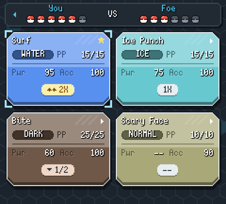 C-Gear battle moves: Surf, Ice Punch, Bite and Scary Face with type, PP and effectiveness