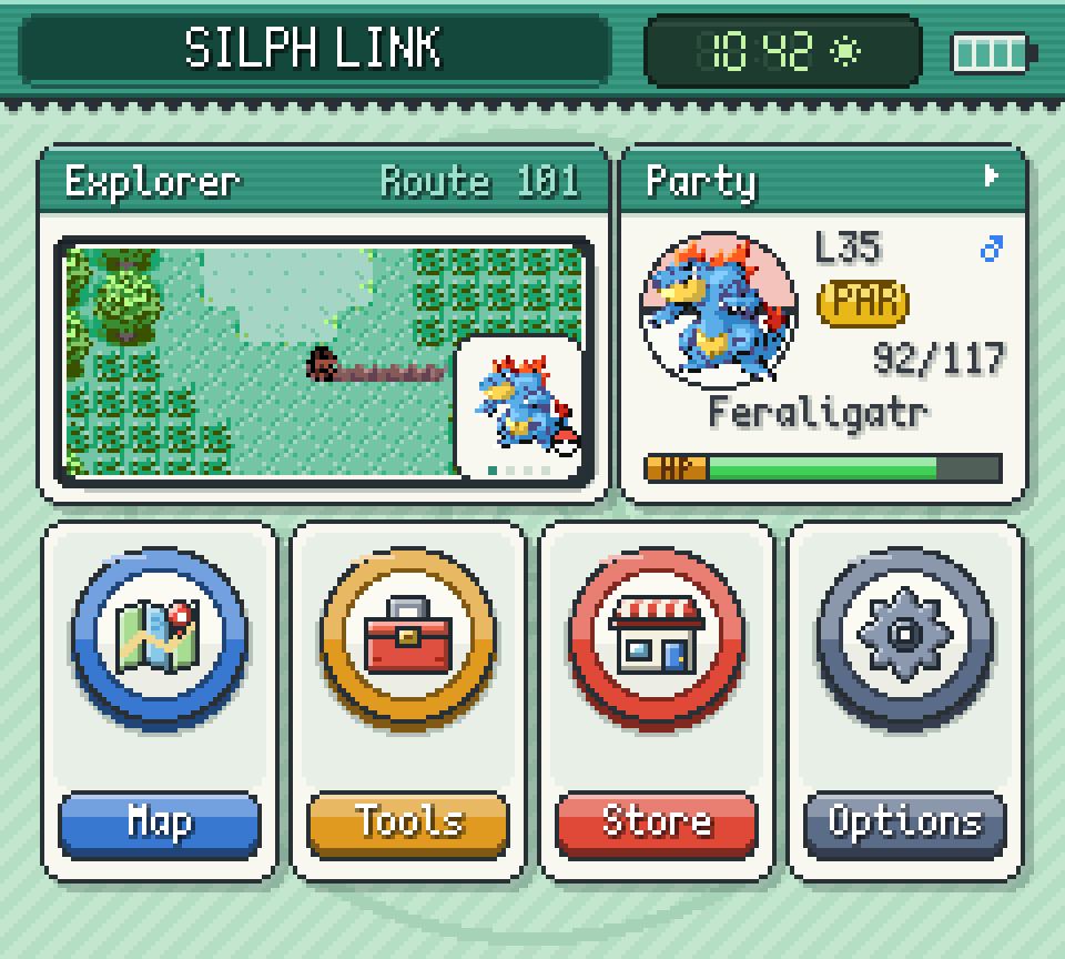 Kanto Gear Home screen: Explorer map of Route 101, lead partner Feraligatr, and Map, Tools, Store and Options buttons